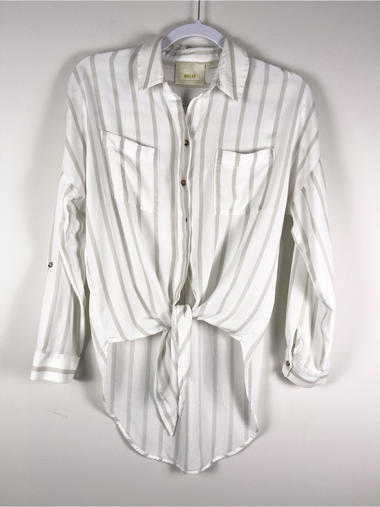 Anthropologie Tops - Anthropologie Maeve Neutral Striped Button-Up Tie Front Top Size XS Lightweight